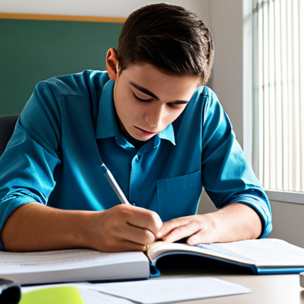 A young adult student, fully clothed in neat, appropriate casual attire, sitting at a clean, modern study desk. The student appears focused yet visibly struggling, with an expression of a mental block, surrounded by neatly stacked, identical-looking, rigid textbooks and uniform note binders, subtly symbolizing repetitive rote memorization. The background is a minimalist, well-lit study room with a large window. Correct proportions, perfect anatomy, well-formed hands, natural body proportions, natural pose. Safe for work, appropriate content, fully clothed, modest, high quality.