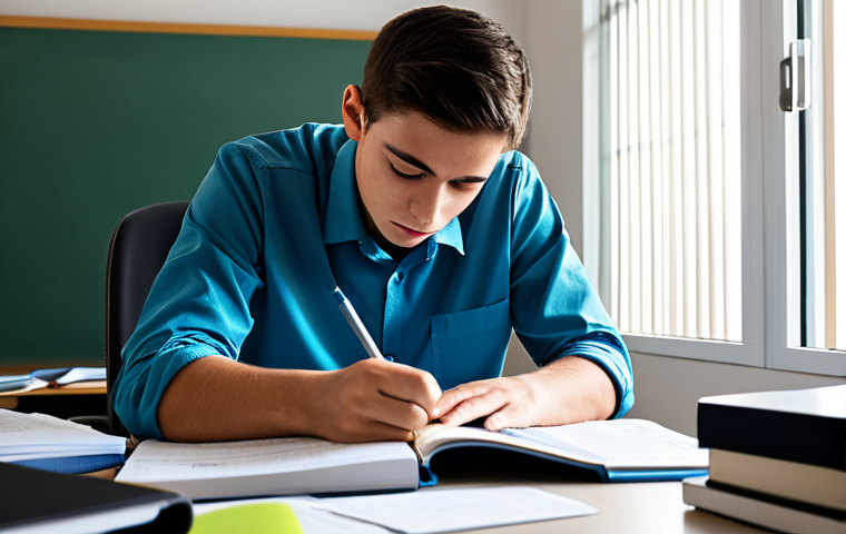 A young adult student, fully clothed in neat, appropriate casual attire, sitting at a clean, modern study desk. The student appears focused yet visibly struggling, with an expression of a mental block, surrounded by neatly stacked, identical-looking, rigid textbooks and uniform note binders, subtly symbolizing repetitive rote memorization. The background is a minimalist, well-lit study room with a large window. Correct proportions, perfect anatomy, well-formed hands, natural body proportions, natural pose. Safe for work, appropriate content, fully clothed, modest, high quality.