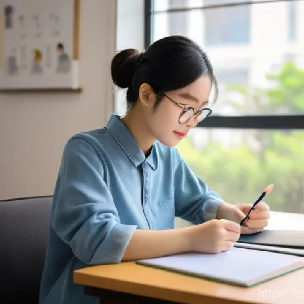 HSK 급수별 필수 단어 - **Prompt:** A young adult, dressed in comfortable, modest casual wear, sits at a clean, modern study...