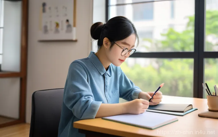 HSK 급수별 필수 단어 - **Prompt:** A young adult, dressed in comfortable, modest casual wear, sits at a clean, modern study...