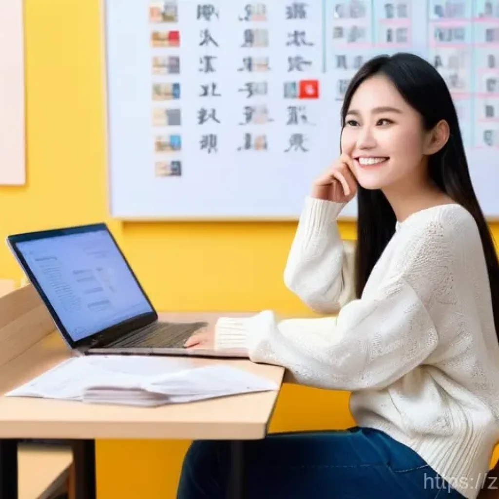 중국어 어휘 확장 노하우 - **Prompt:** A cheerful and intellectually curious young woman in her early twenties, dressed in a co...