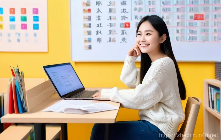 중국어 어휘 확장 노하우 - **Prompt:** A cheerful and intellectually curious young woman in her early twenties, dressed in a co...