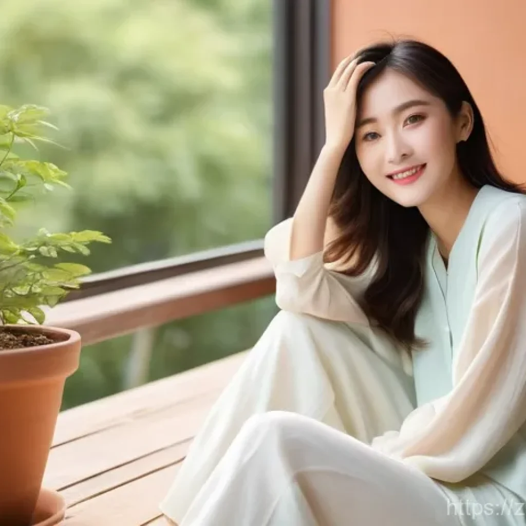중국어 SNS에서 자주 쓰는 표현 - **"松弛感" (Relaxed Vibe) & "水灵灵地" (Radiant & Fresh)** A young East Asian woman, approximately 25-3...