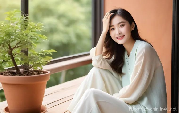 중국어 SNS에서 자주 쓰는 표현 - **"松弛感" (Relaxed Vibe) & "水灵灵地" (Radiant & Fresh)** A young East Asian woman, approximately 25-3...