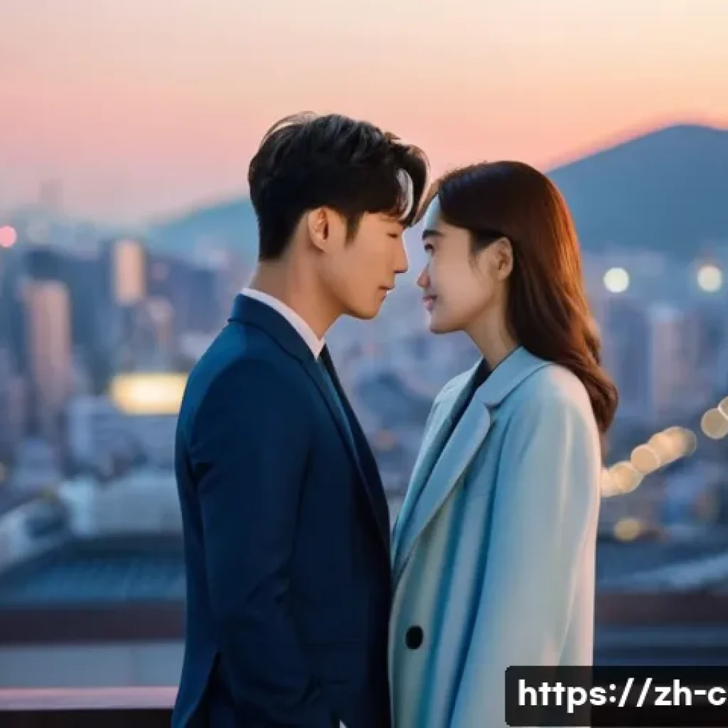 중국어로 보는 한국 드라마 - **Romantic K-Drama Scene: "City Rooftop Confession"** A charming K-drama couple, a male and fema...