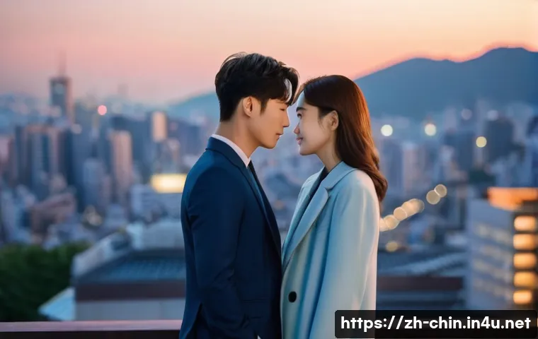중국어로 보는 한국 드라마 - **Romantic K-Drama Scene: "City Rooftop Confession"** A charming K-drama couple, a male and fema...