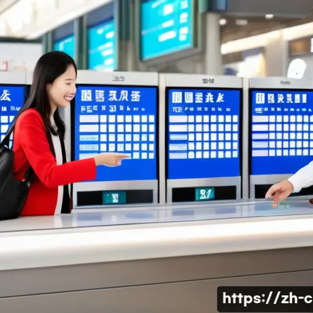 중국어 공항 이용 시 필요한 표현 - A modern airport check-in counter scene in a busy Chinese airport with a diverse group of passengers...