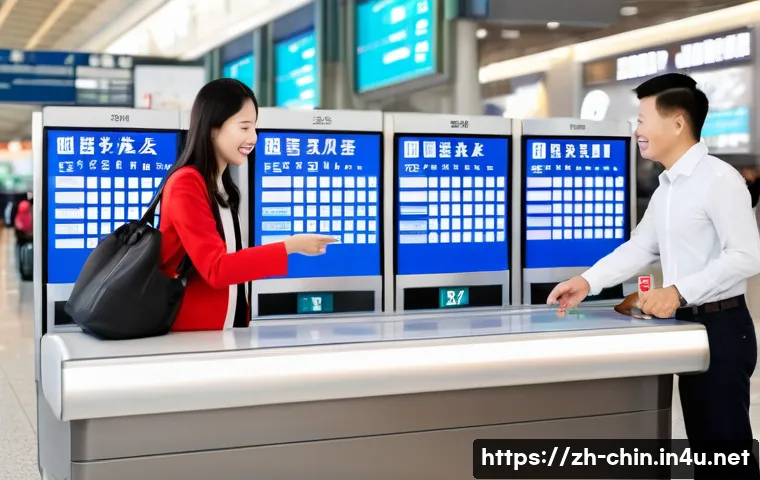 중국어 공항 이용 시 필요한 표현 - A modern airport check-in counter scene in a busy Chinese airport with a diverse group of passengers...