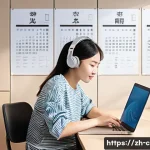 중국어 시험 HSK TSC 준비법 - A modern study room scene featuring a young adult Chinese learner focused on a personalized language...