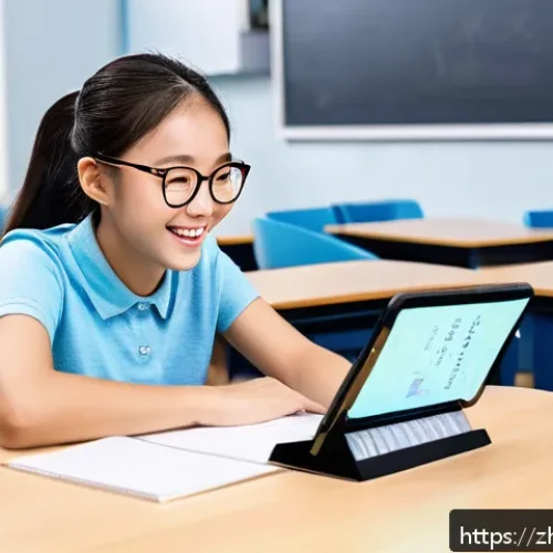 중국어 단기간 마스터 비법 - A modern Chinese classroom scene showing a young adult learner sitting at a desk with a smartphone a...
