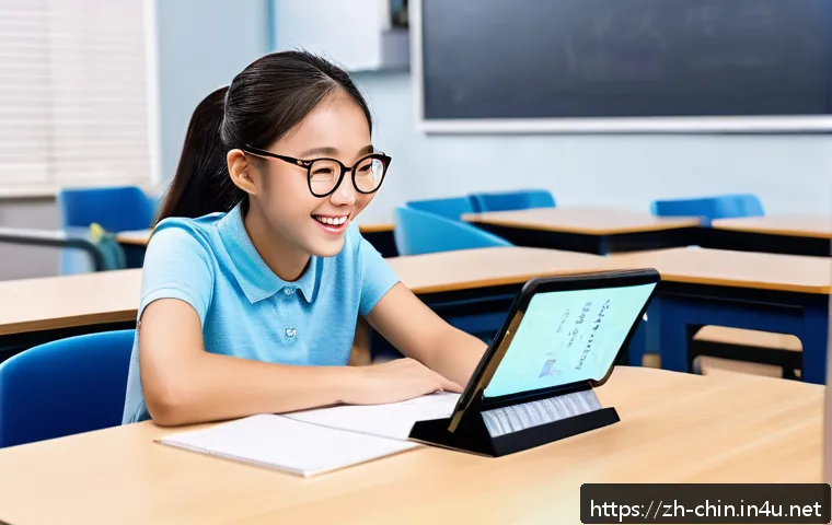 중국어 단기간 마스터 비법 - A modern Chinese classroom scene showing a young adult learner sitting at a desk with a smartphone a...
