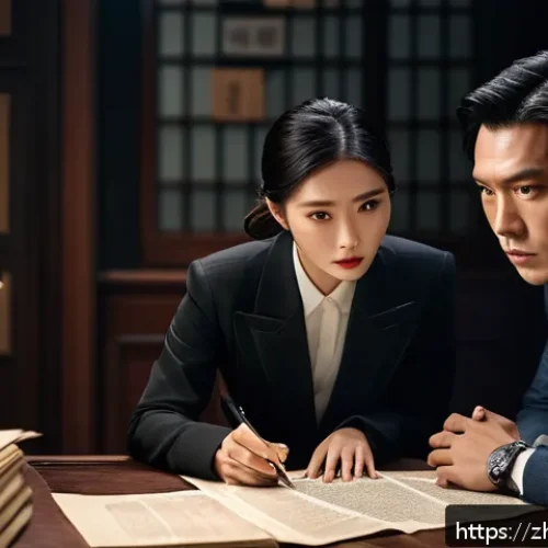 중국어 드라마 추천 - A tense and intricate suspense drama scene featuring a male and female detective in modern stylish o...