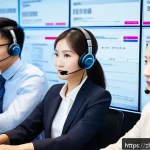 중국어 능력을 활용한 온라인 사업 - A modern cross-border e-commerce office scene showing a diverse multilingual customer service team i...
