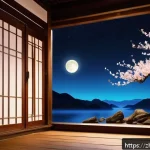 중국어 시 詩 감상법 - A serene traditional Chinese landscape at night under a bright full moon, with a delicate wooden win...
