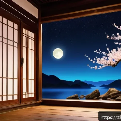 중국어 시 詩 감상법 - A serene traditional Chinese landscape at night under a bright full moon, with a delicate wooden win...