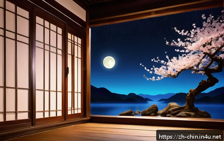 중국어 시 詩 감상법 - A serene traditional Chinese landscape at night under a bright full moon, with a delicate wooden win...