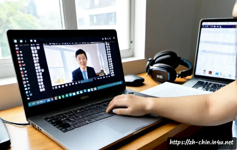 중국어 자막 번역 방법 - Photorealistic close-up of a home office desk where an adult is translating Chinese video subtitles,...